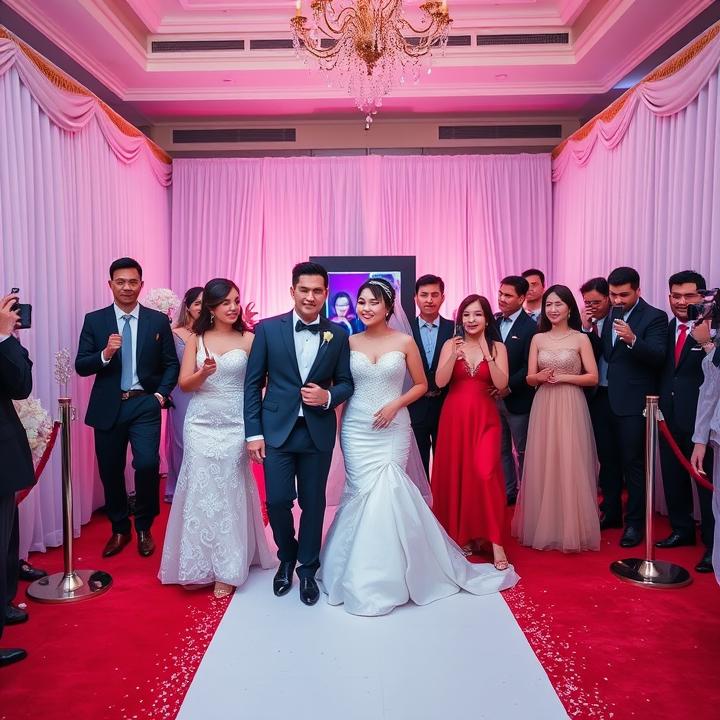 Bride and groom posing with bridesmaids and groomsmen at a formal wedding reception.